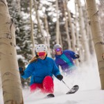 Amie Engerbretson and Jenny Harris skiing, Aspen Resort, Aspen, Colorado